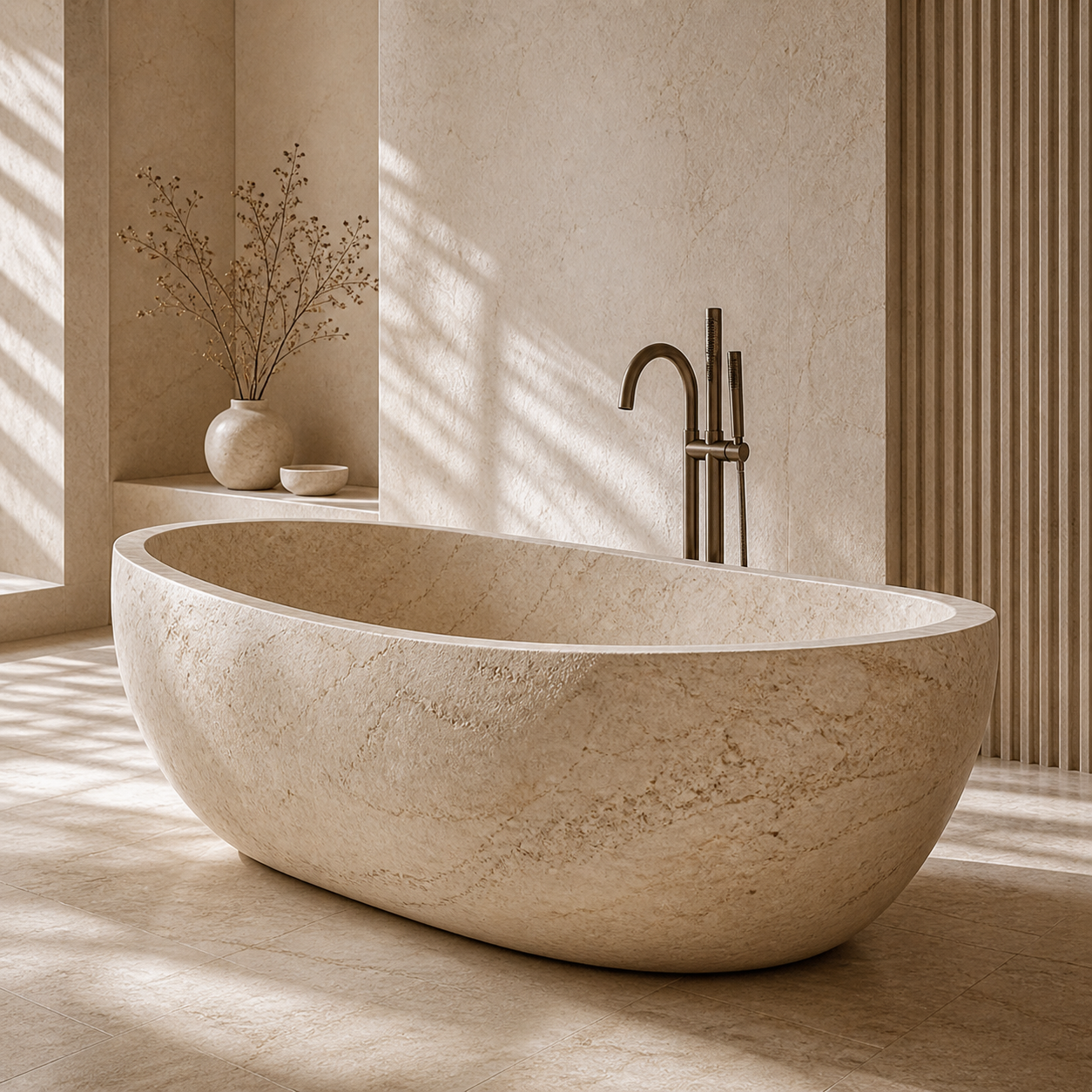 OIXDESIGN stone bathtub in a serene natural stone bathroom interior