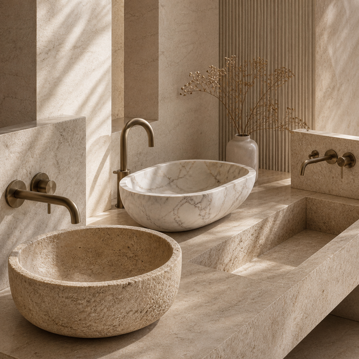 OIXDESIGN stone sink concept in a refined natural stone bathroom setting