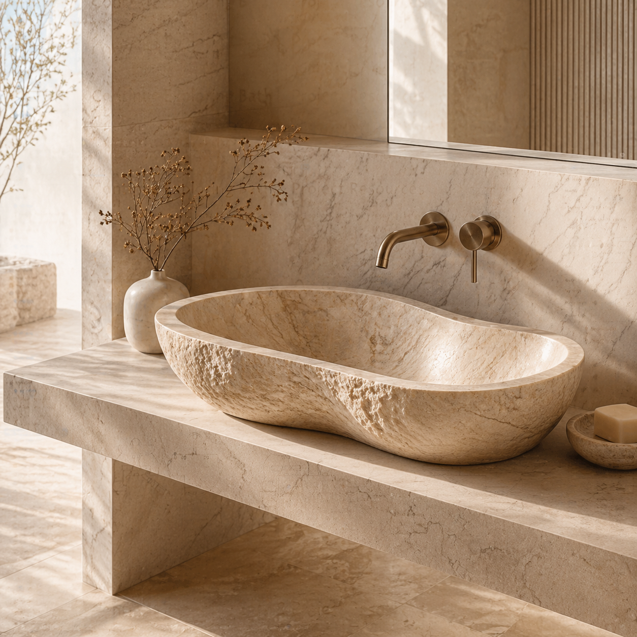 OIXDESIGN natural stone vessel sink in a refined warm beige bathroom with a freestanding stone bathtub in the background.