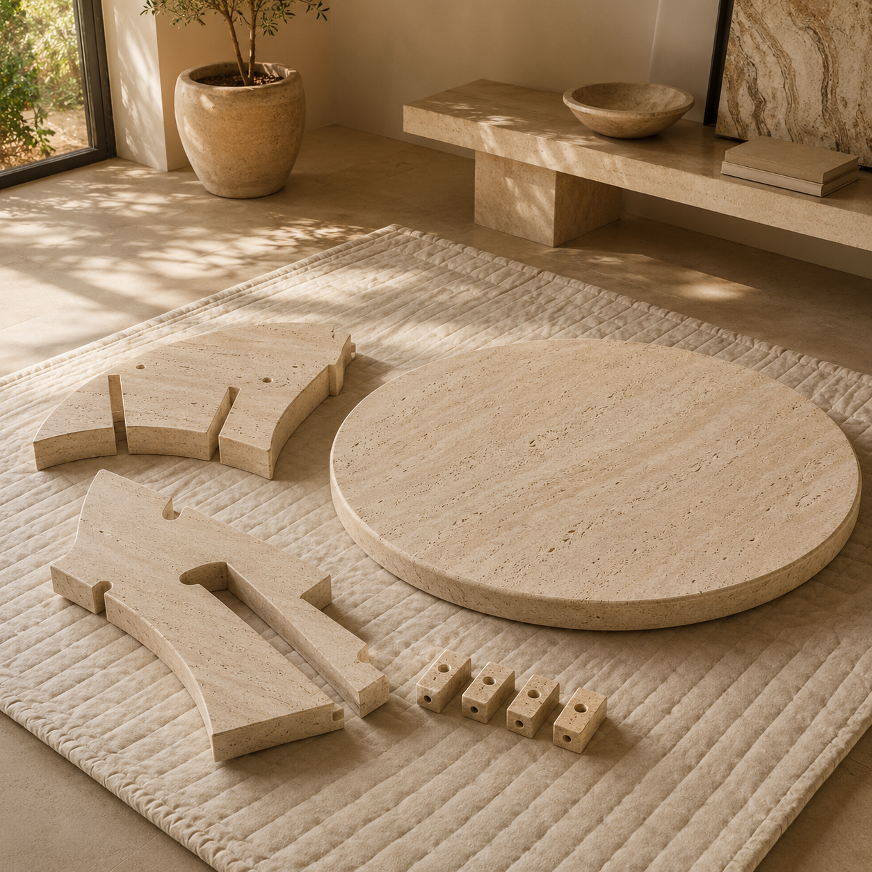 Minimalist interior with a prepared assembly area for a modular natural stone table, illustrating the before-you-begin stage of OIXDESIGN table setup.