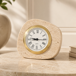 Natural travertine clock in warm minimalist decor with gold Roman numeral dial