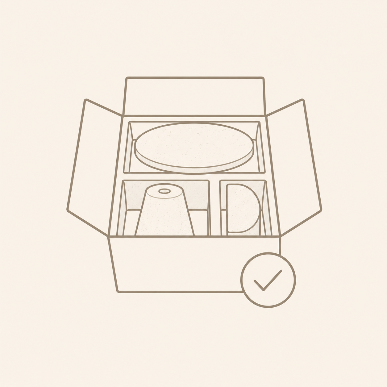 Minimal line icon of protected modular stone table parts packed inside a shipping box, representing better delivery and safer transport.