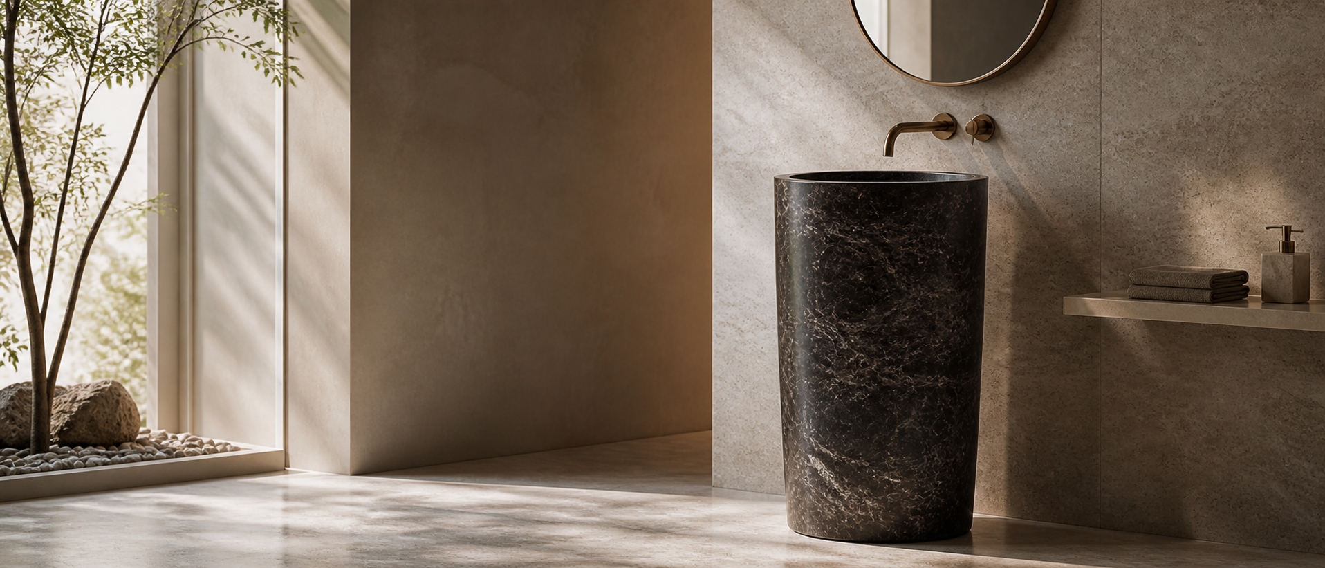 Black marble pedestal sink with brass faucet in a refined luxury bathroom with warm natural light