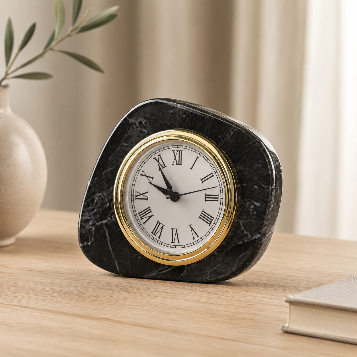 OIXDESIGN black marble desk clock with gold bezel and traditional Roman numeral dial