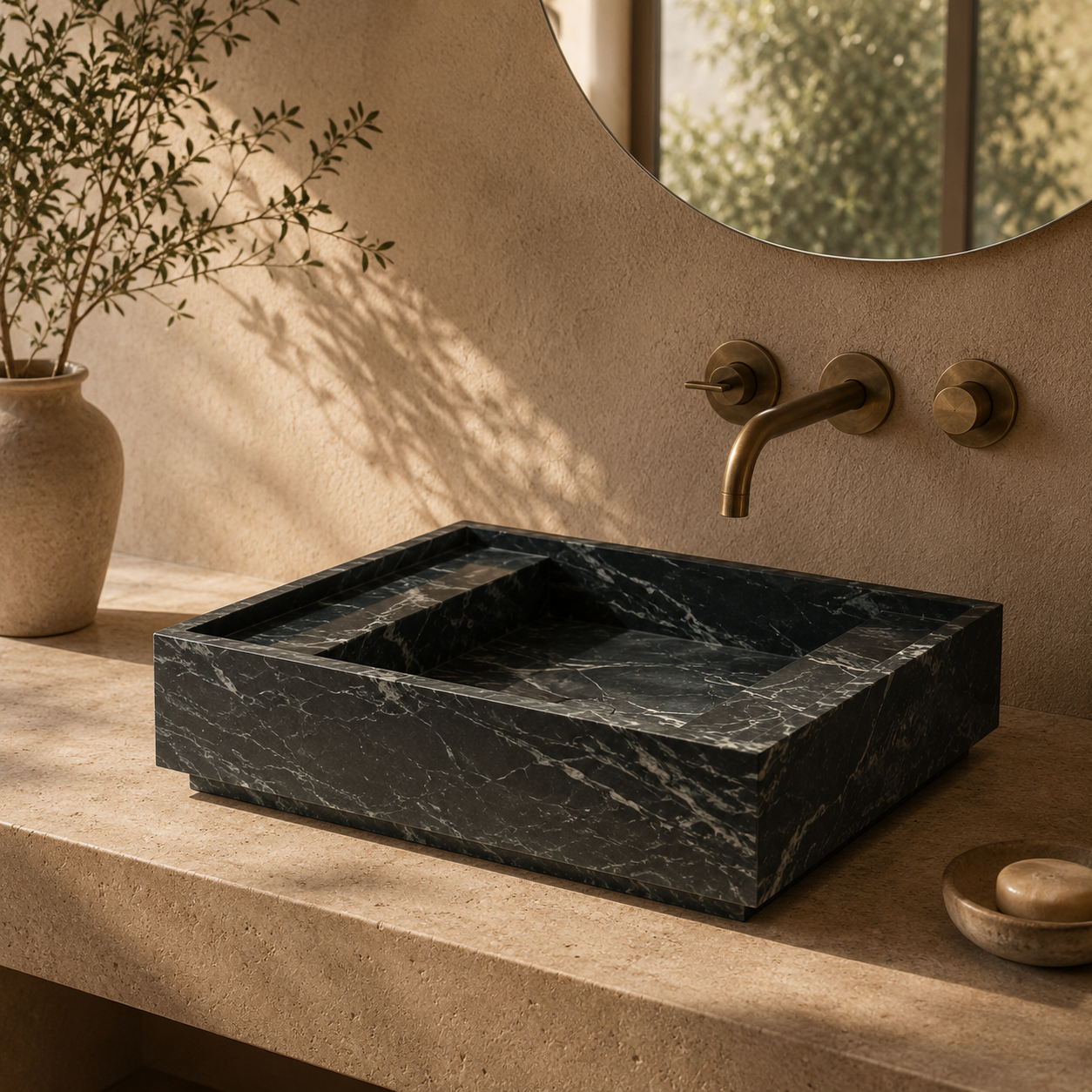 Green marble vessel sink on a warm stone bathroom counter with refined natural stone texture.