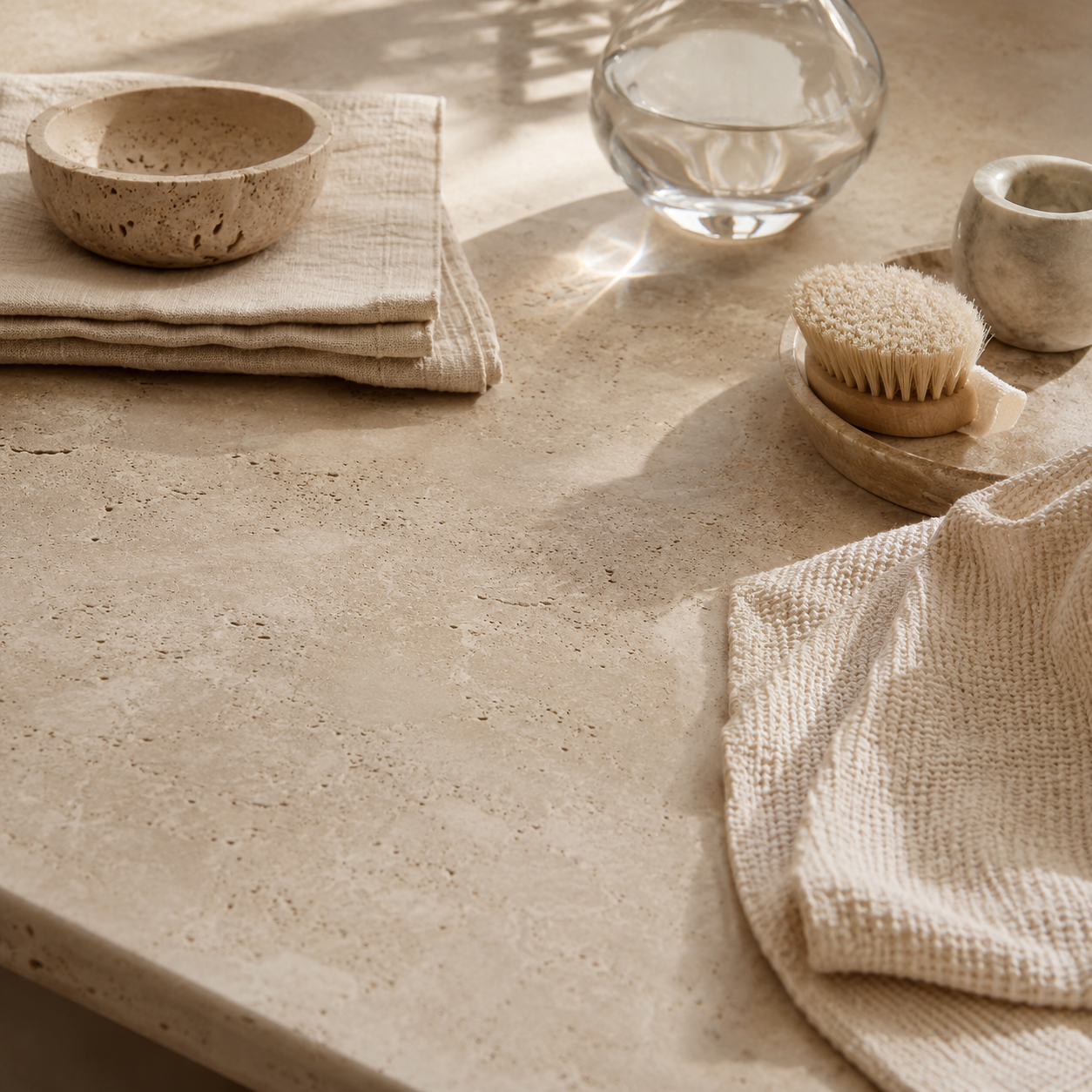 Warm natural stone care still life with a stone bowl, folded linen cloth, soft brush, and glass vessel, representing OIXDESIGN care instructions.