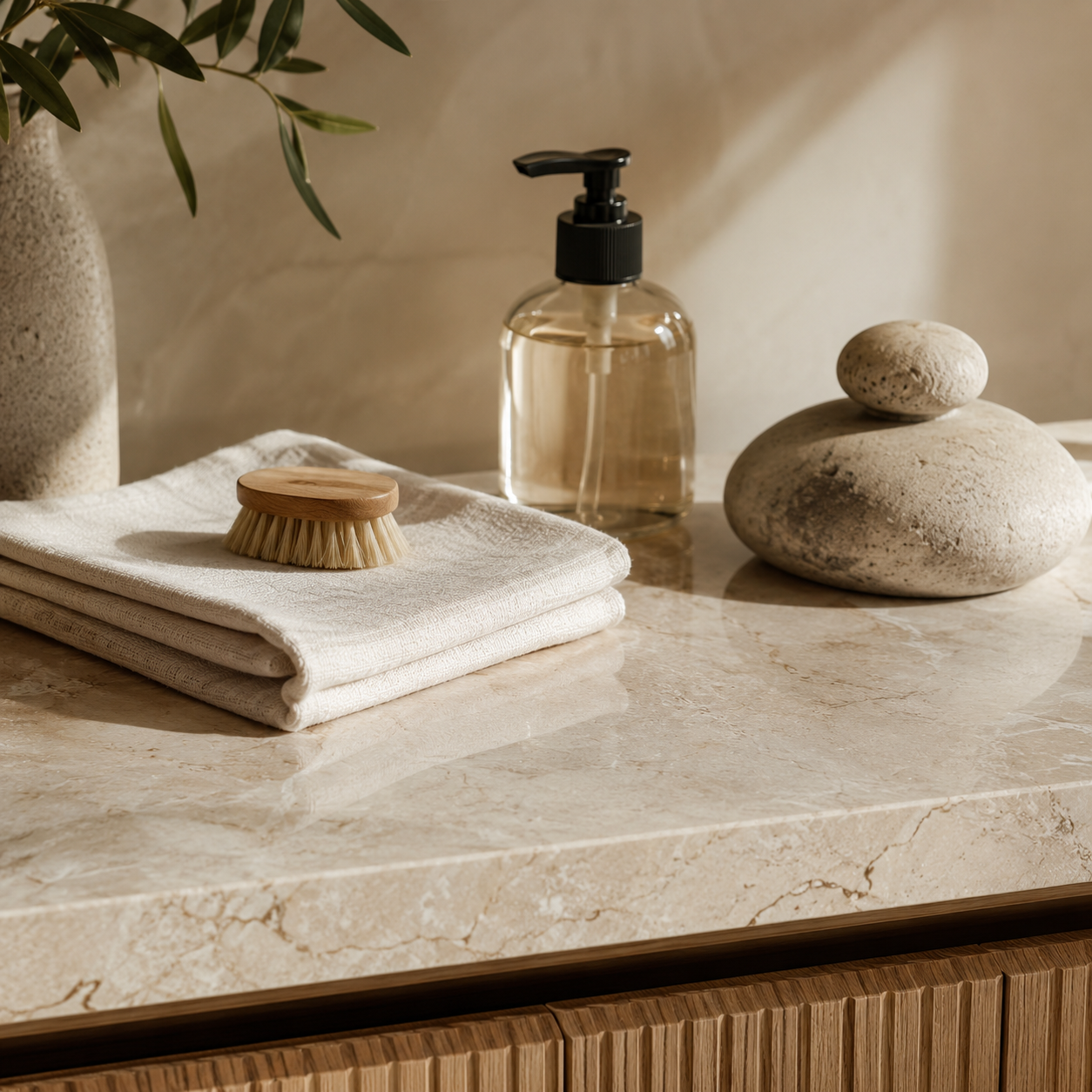 Soft cloth, brush, and gentle cleaner on a natural stone surface for OIXDESIGN care instructions.