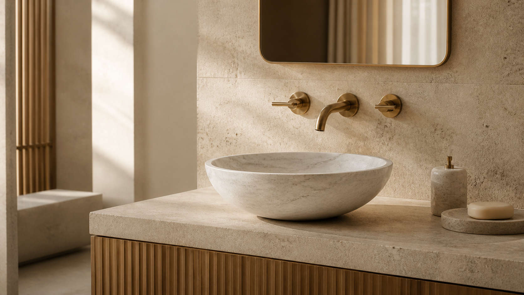 Carrara marble vessel sink on a natural stone vanity with brass fixtures in a refined bathroom