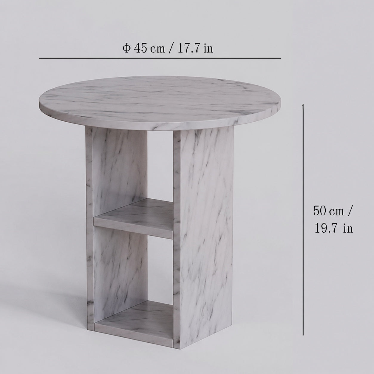 OIXDESIGN MarbleNook Carrara white marble side table size and dimensions in cm and inches