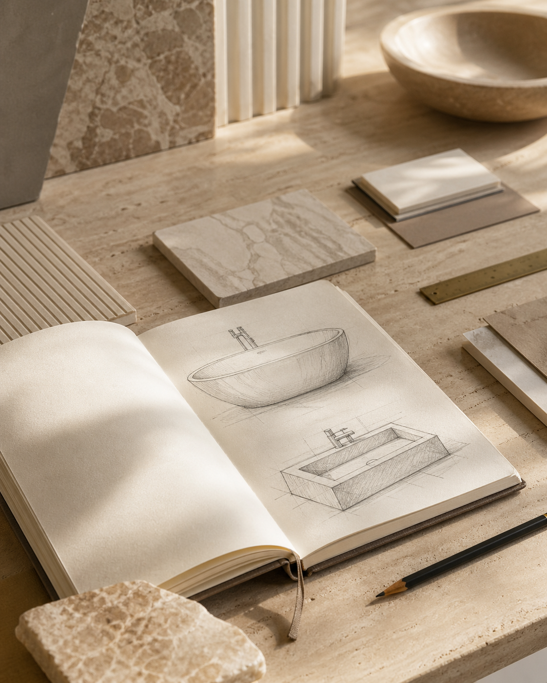 Natural stone samples, bath sketches, and material selection workspace for custom bath project planning by OIXDESIGN