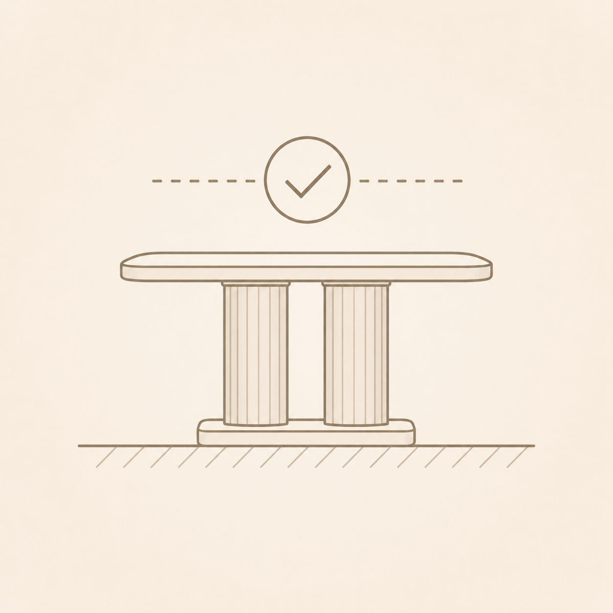 Minimal line icon of a table with a quality check symbol, representing final stability and safety checks after assembly.