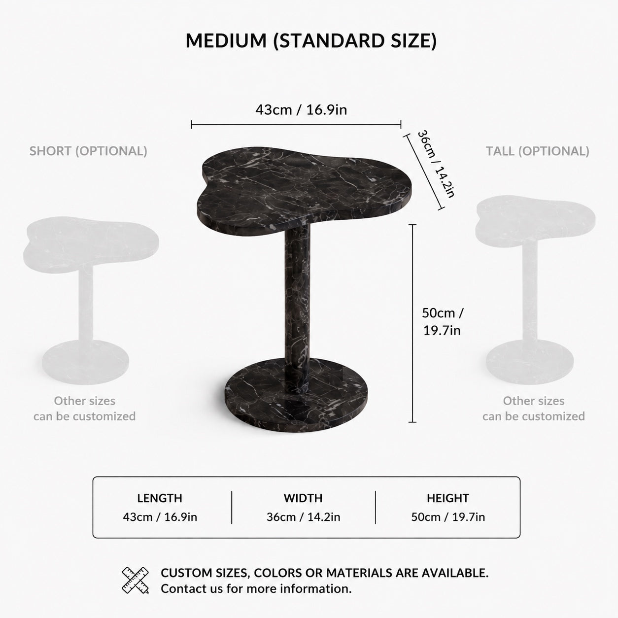 OIXDESIGN CloudDream black marble side table standard and custom size dimensions in cm and inches