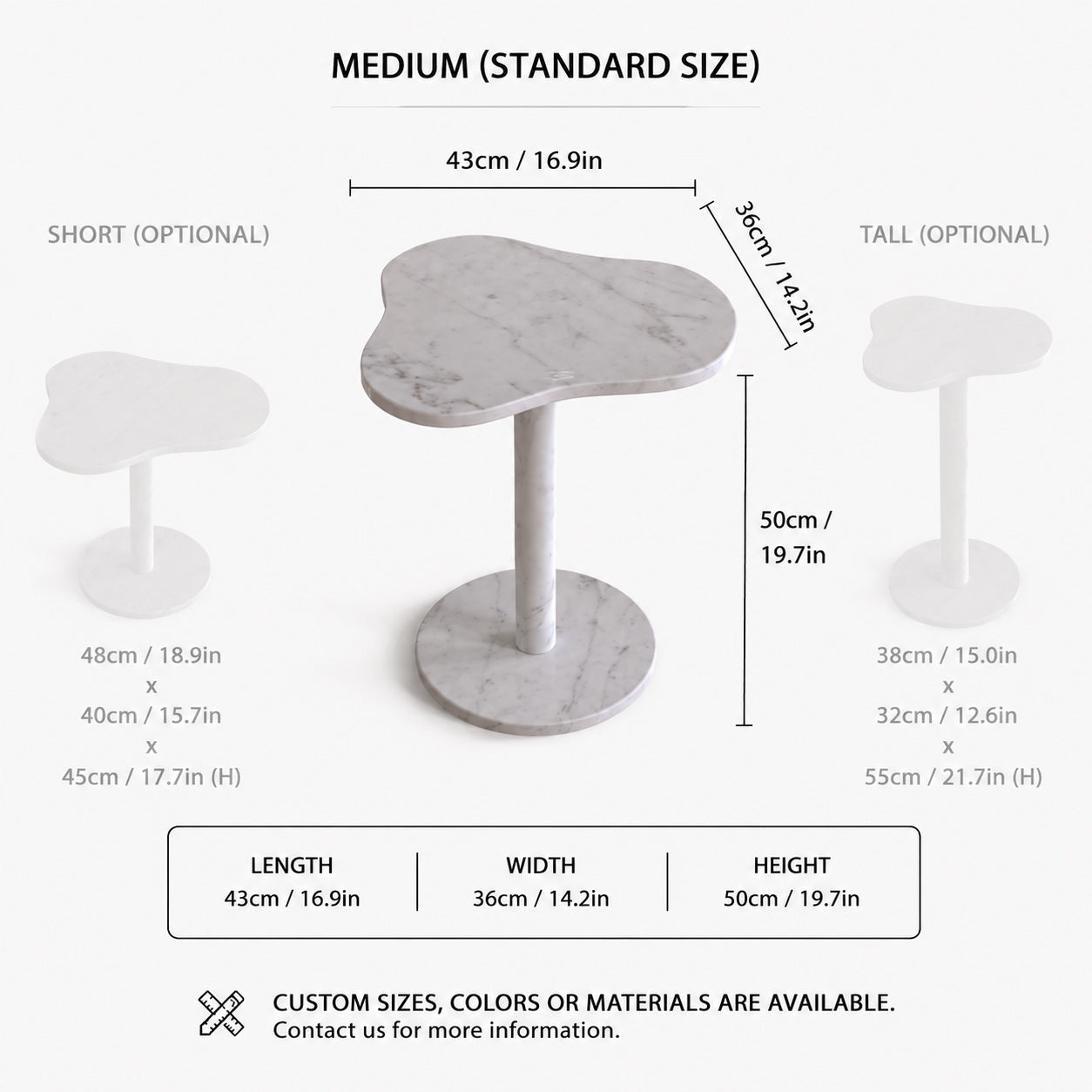 OIXDESIGN CloudDream Carrara white marble side table standard and custom size dimensions in cm and inches
