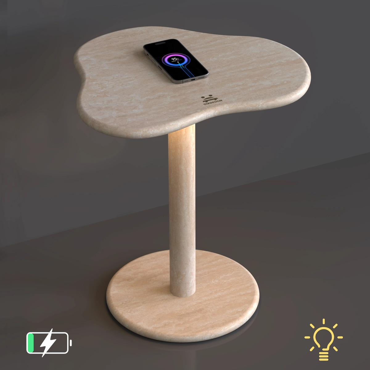 Modern CloudDream Travertine Marble Accent Table with Night lights & Wireless Charging