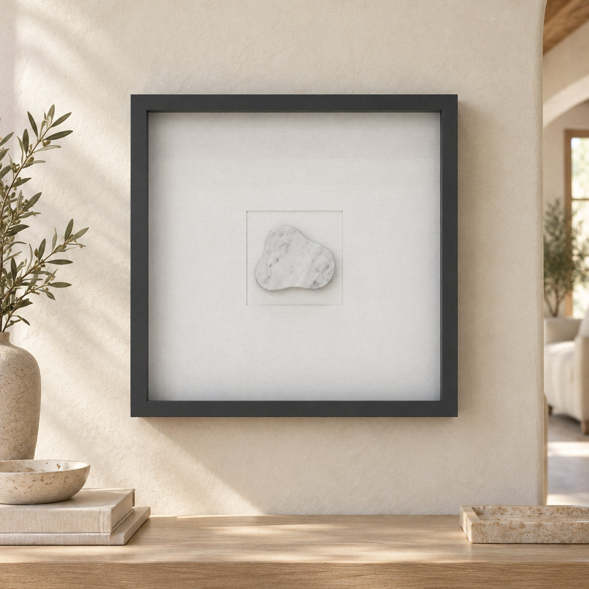 CloudDream Carrara marble wall frame decor, straight front Hero in a warm natural-light interior