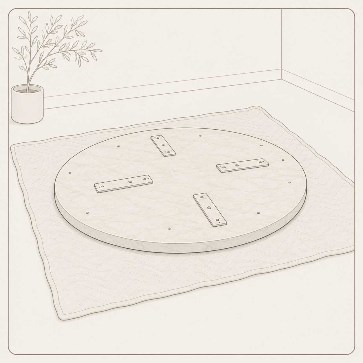 Line-style assembly diagram showing the stone base, tabletop, and support pieces prepared for cocktail, bistro, or console table setup.