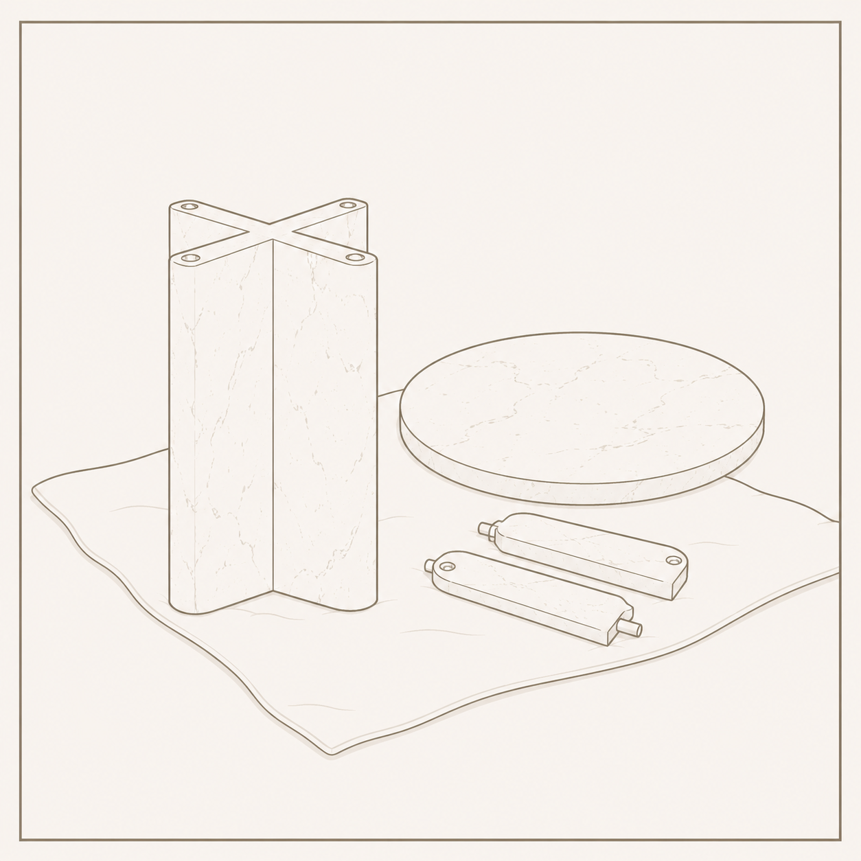 Line-style assembly diagram showing modular stone side panels being inserted into the base during cocktail, bistro, or console table setup.