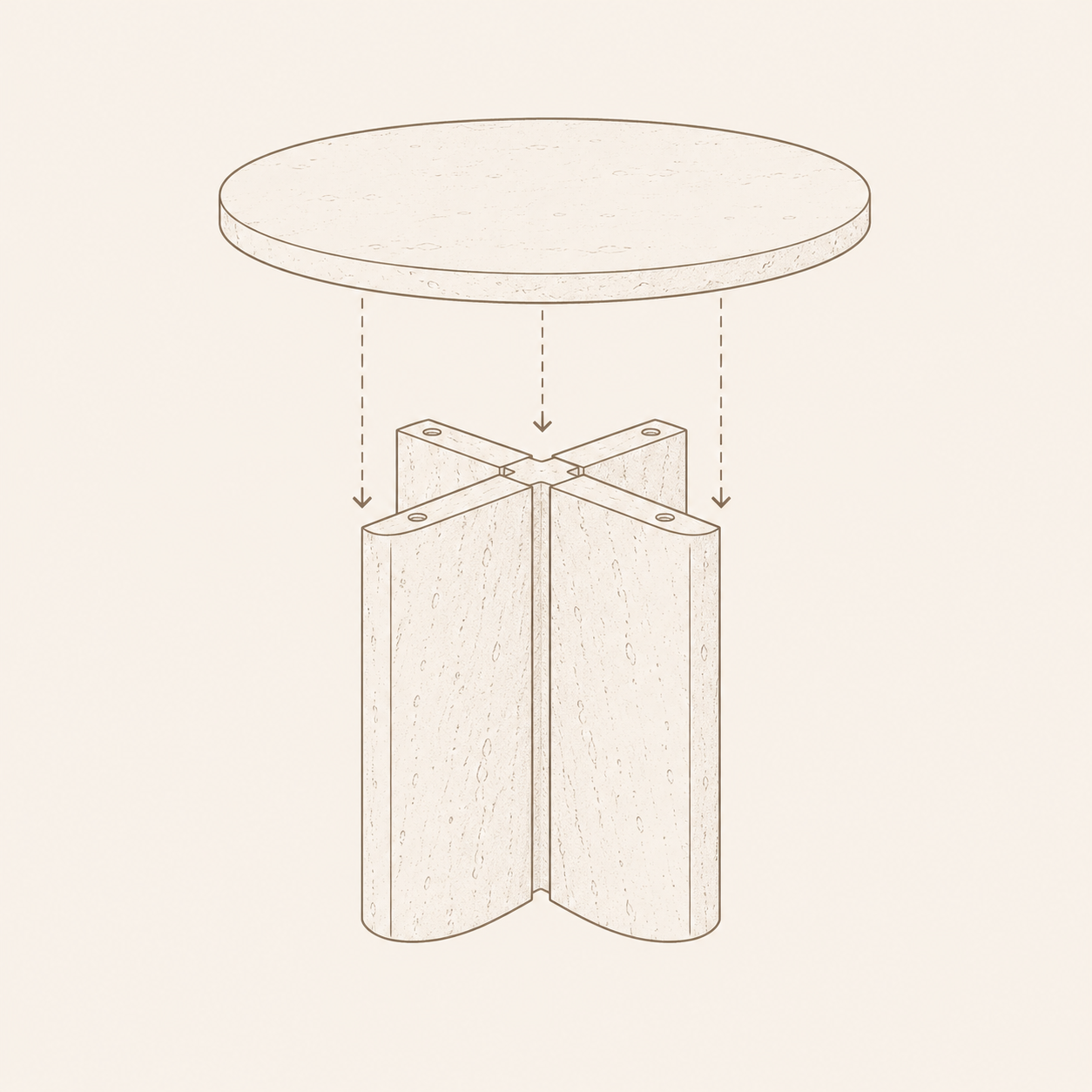 Line-style assembly diagram showing a round natural stone tabletop being placed onto an interlocked stone base during small table assembly.