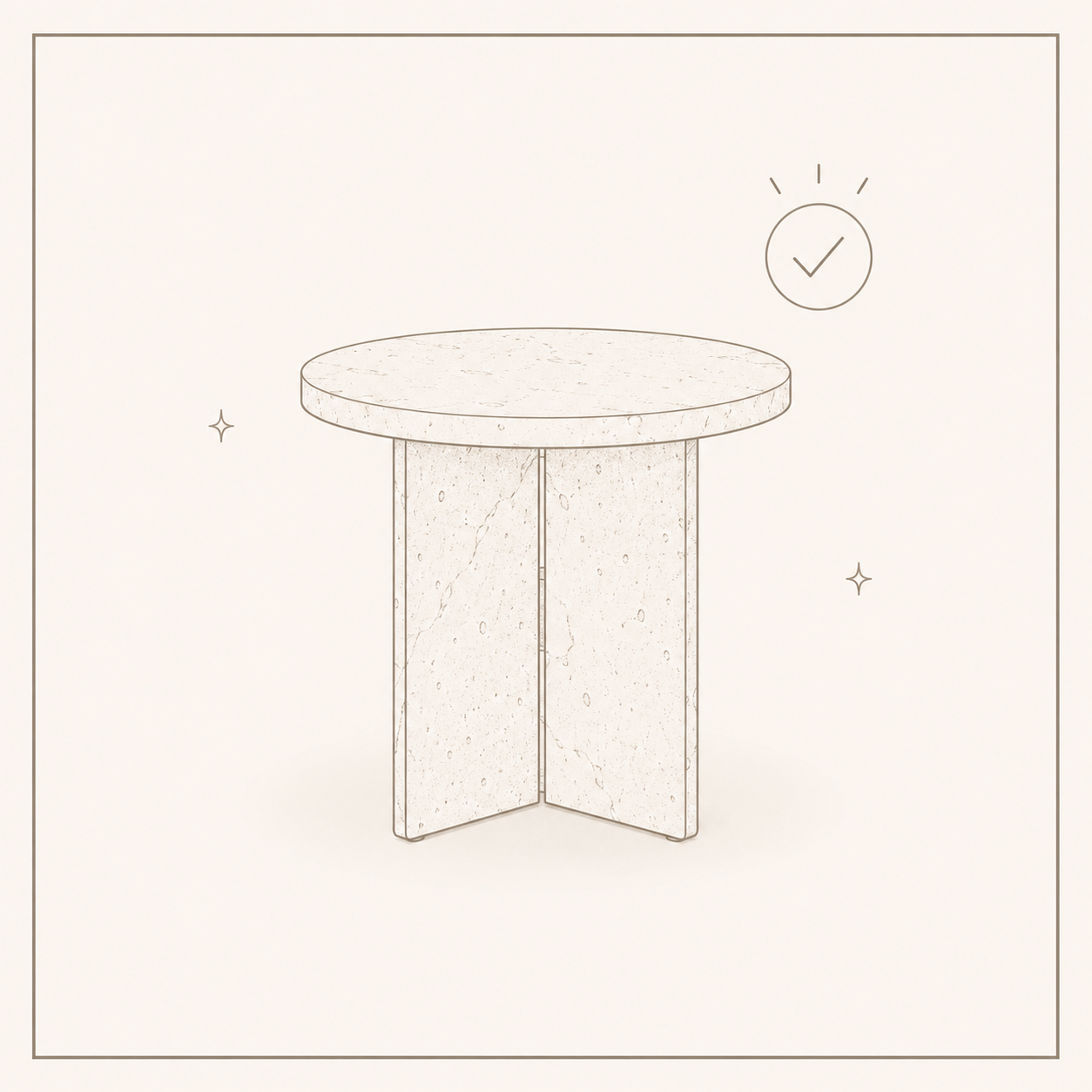 Line-style diagram of a finished natural stone cocktail or bistro table with a check symbol, representing completed assembly.
