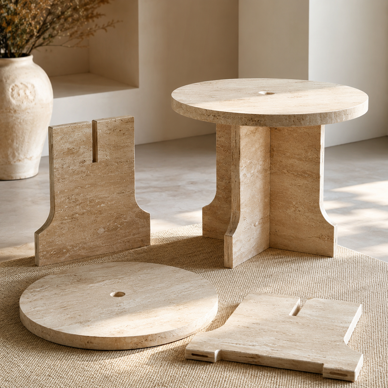 Natural stone pedestal table components arranged on a protected surface in a warm interior, illustrating cocktail, bistro, and console table assembly.