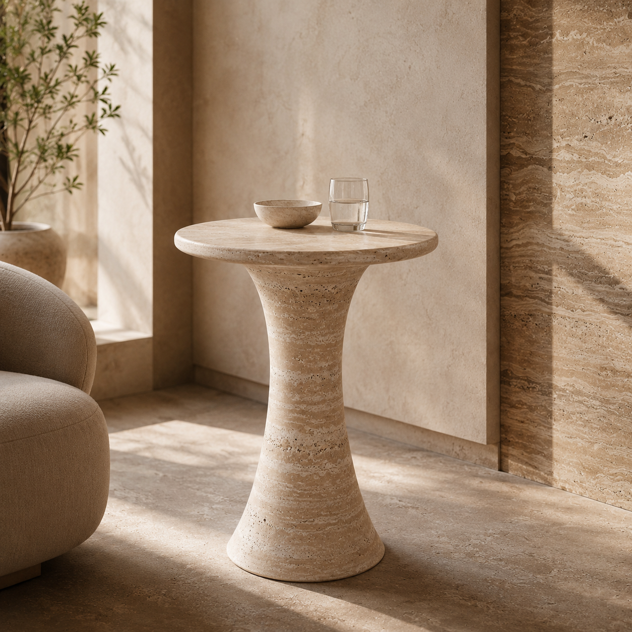 Travertine cocktail table styled in a refined lounge corner with warm natural light