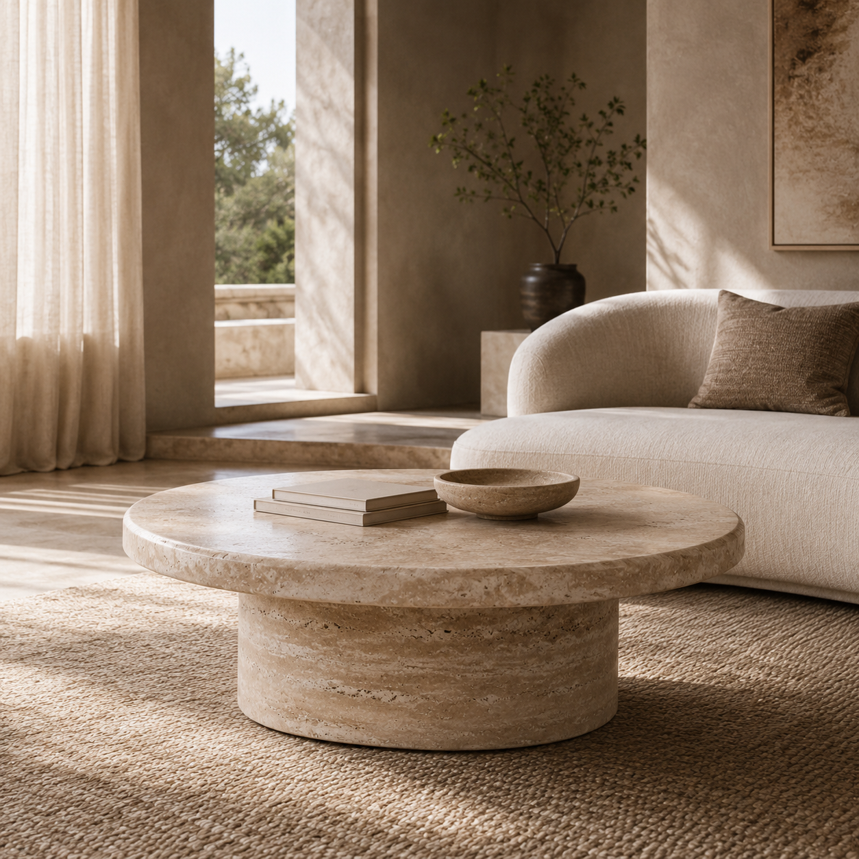 Round travertine coffee table in a calm modern living room with soft sunlight