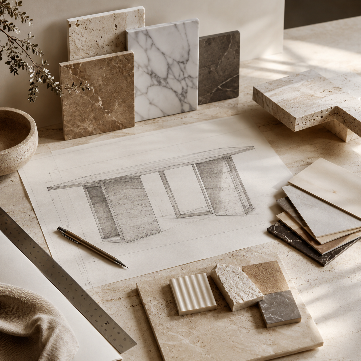OIXDESIGN console table component planning scene with stone samples, measurements, and a sketch for solid natural stone furniture.