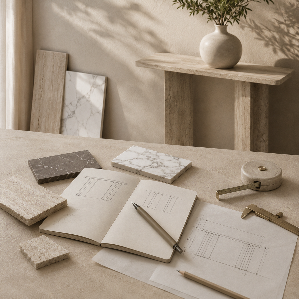 Stone samples and design planning for custom OIXDESIGN console table projects