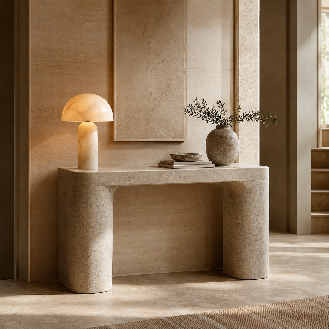 OIXDESIGN solid natural stone console table styled in an entryway or hallway with a calm and refined interior.