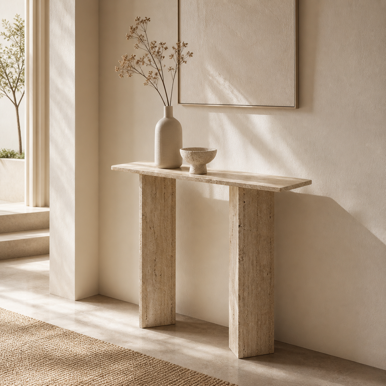Natural stone console table by OIXDESIGN styled in a refined entryway interior