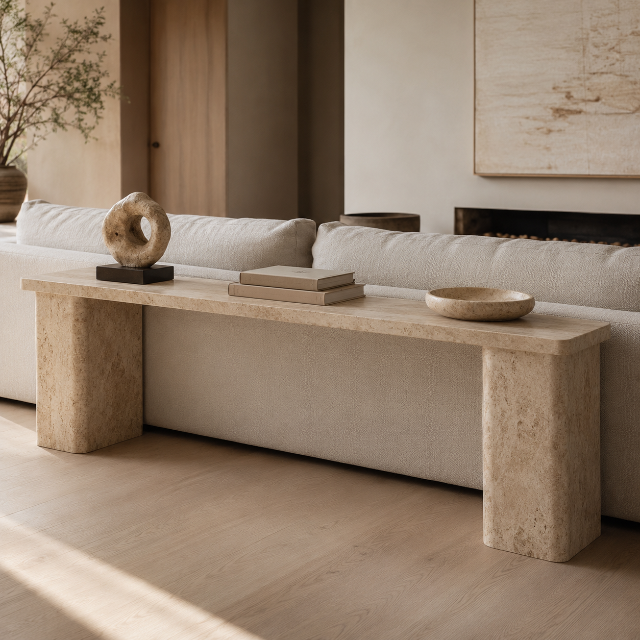 OIXDESIGN solid natural stone console table with a slim profile styled in a modern living room.