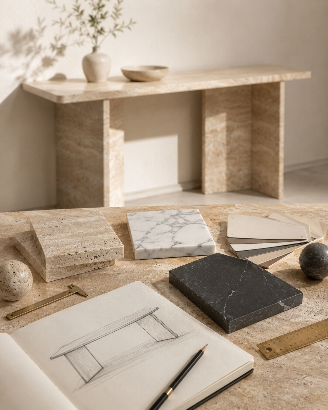 Marble, travertine, and stone samples with design sketch for OIXDESIGN console table materials and finishes