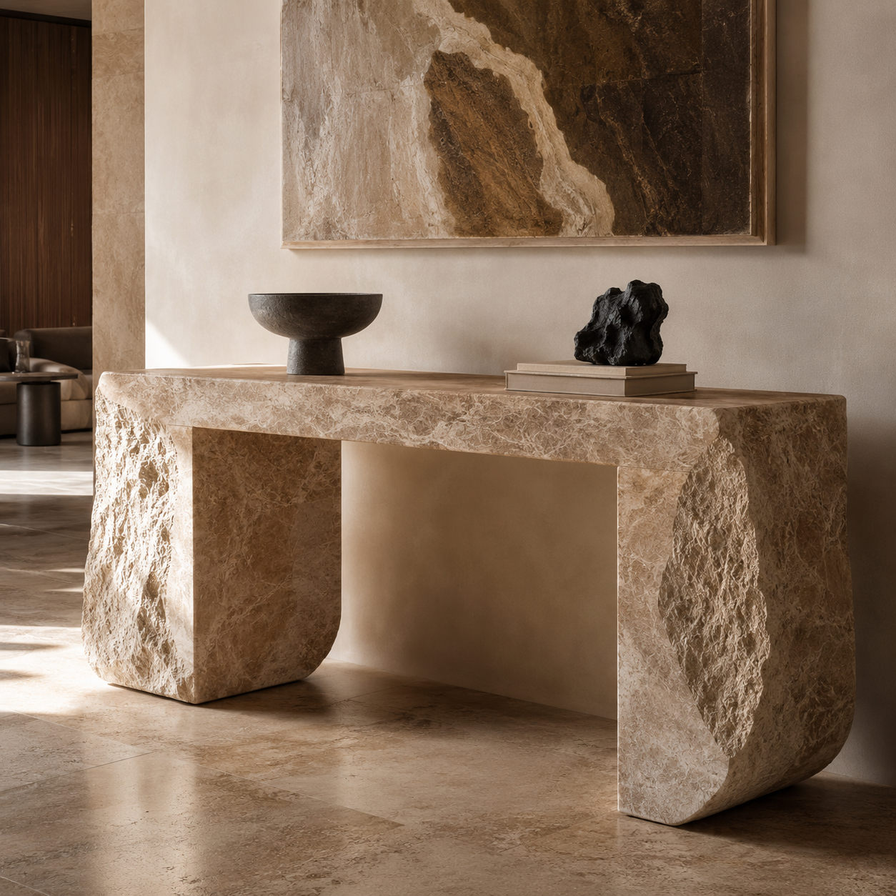OIXDESIGN sculptural stone console table used as a refined accent piece in a modern interior.