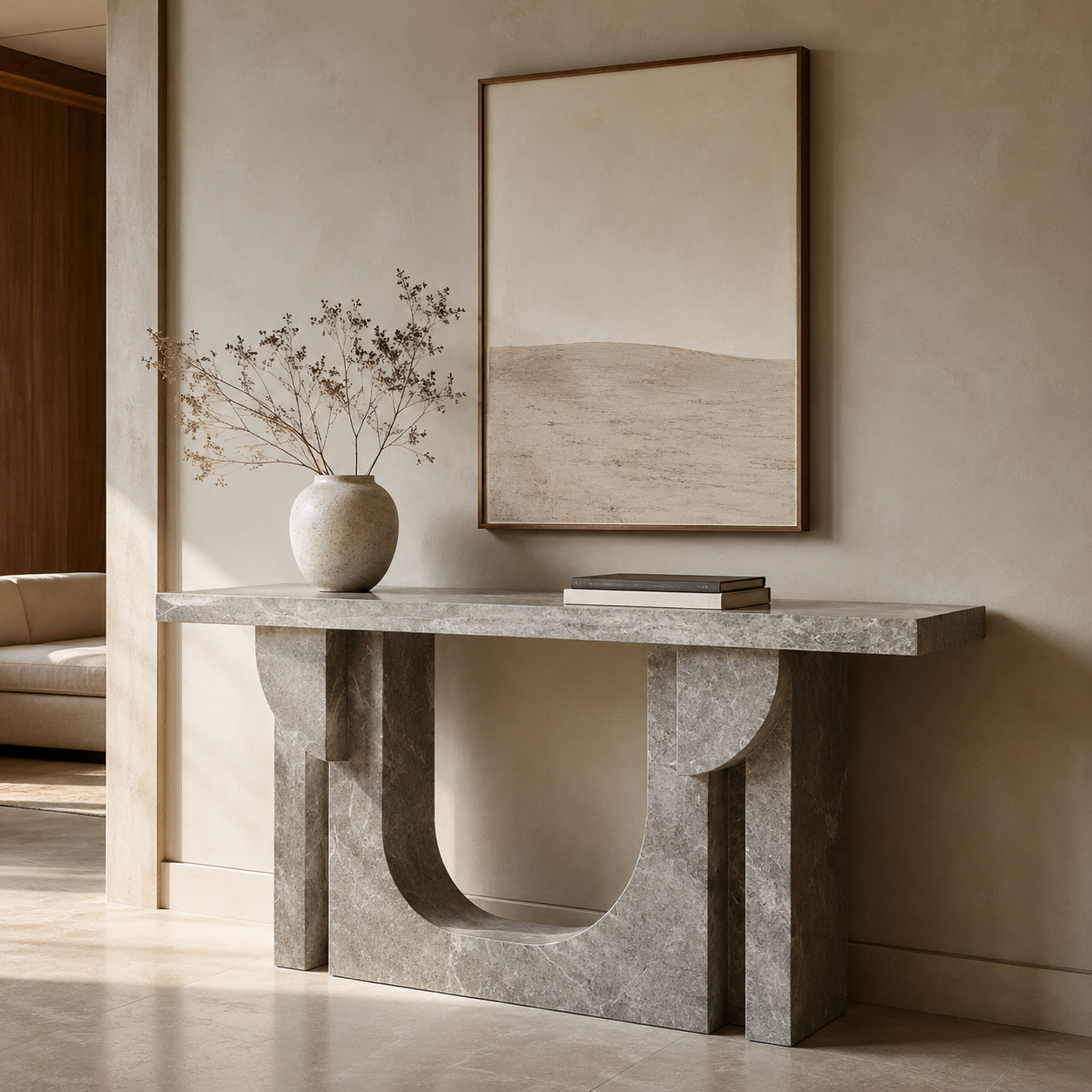 OIXDESIGN 100% solid natural stone console table styled as a sculptural architectural accent in a warm minimalist interior.