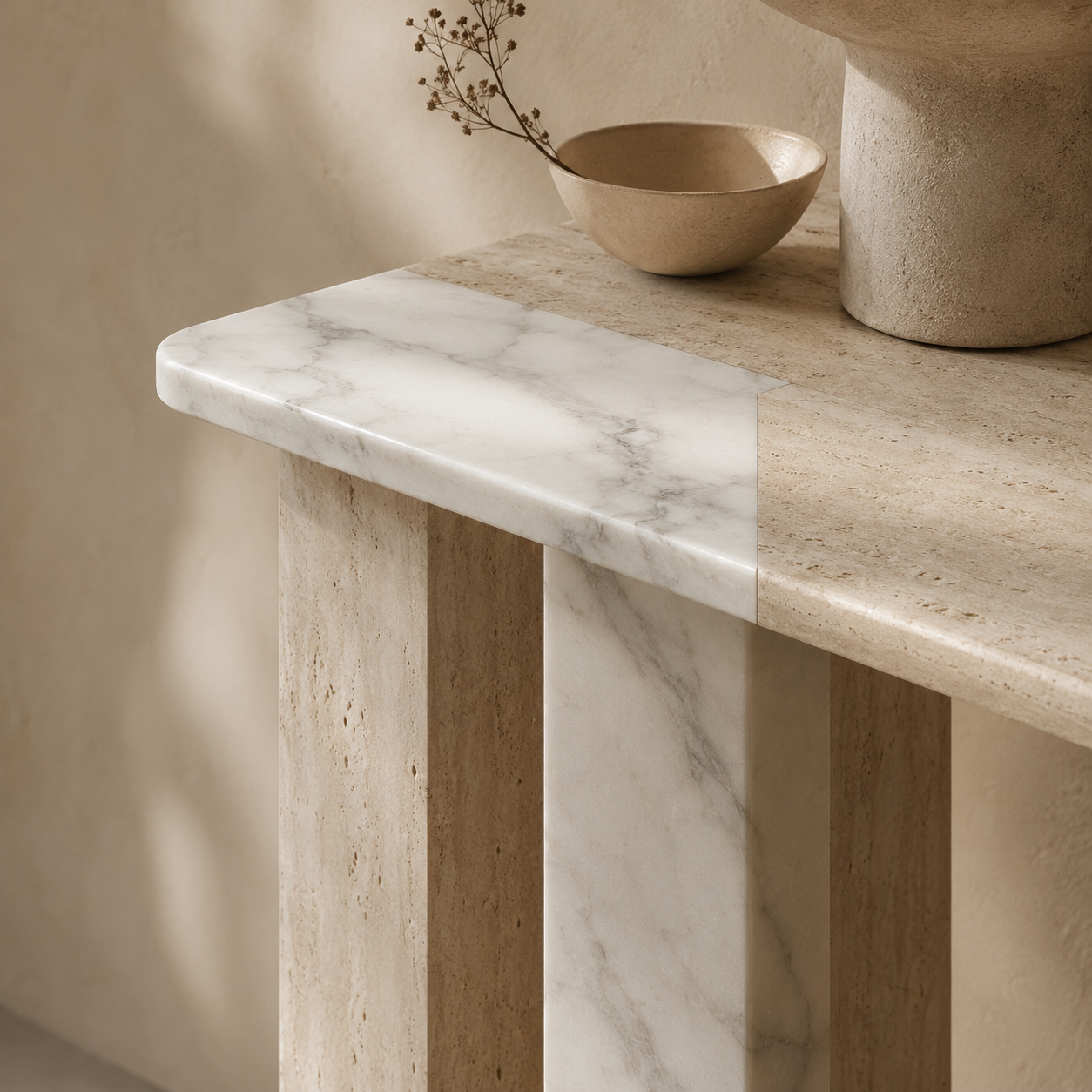 Marble and travertine material detail for OIXDESIGN natural stone console tables