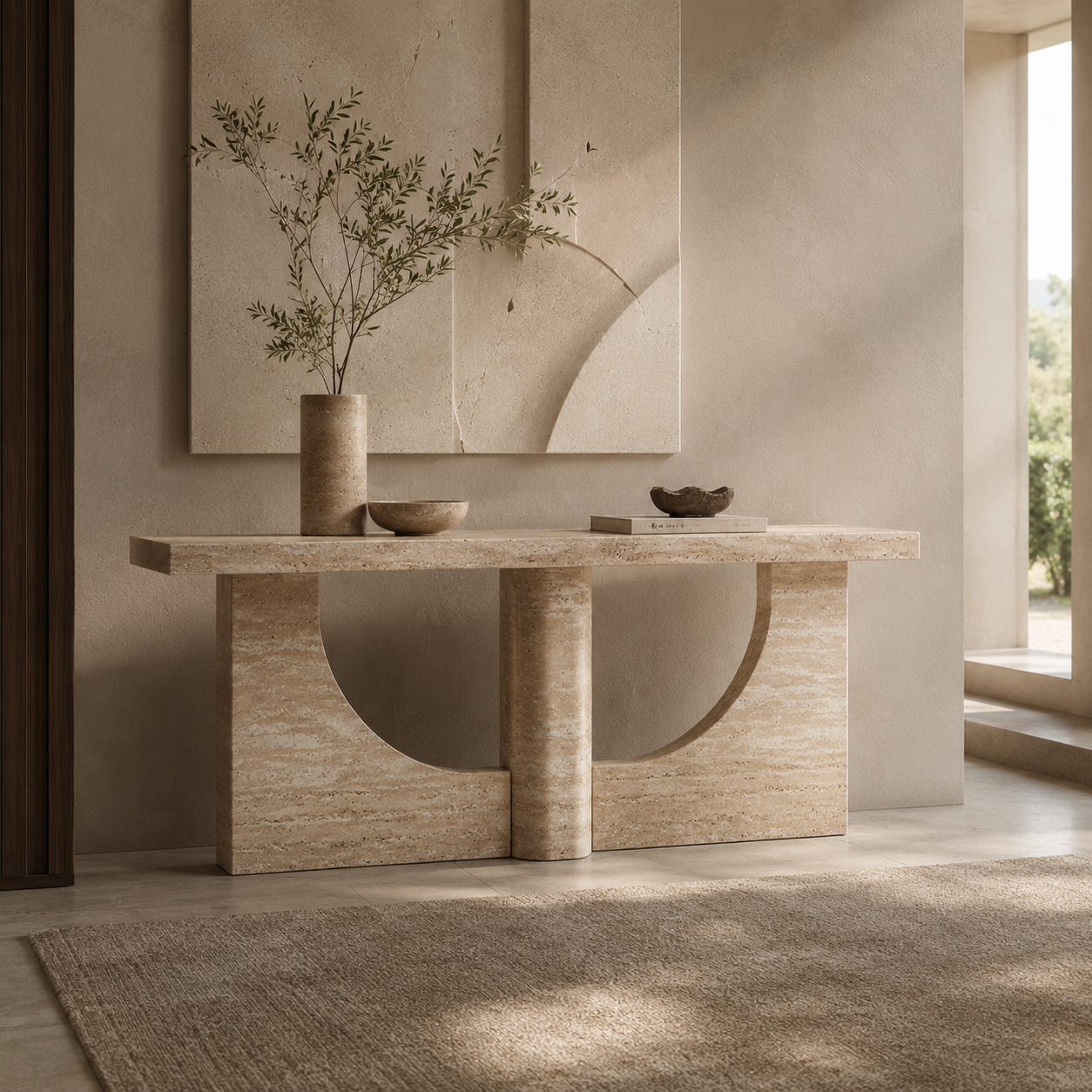 Travertine console table in a warm minimalist interior with soft natural light