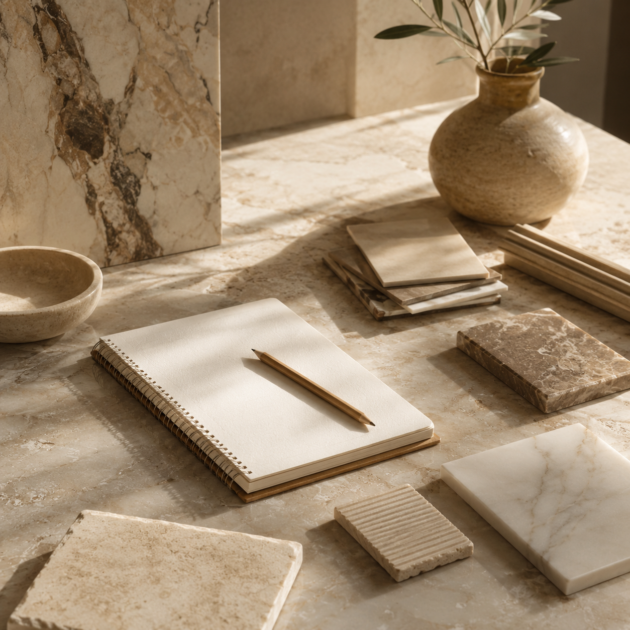 Design workspace with a notebook, pencil, and natural stone samples in warm sunlight, representing contact and project support at OIXDESIGN.