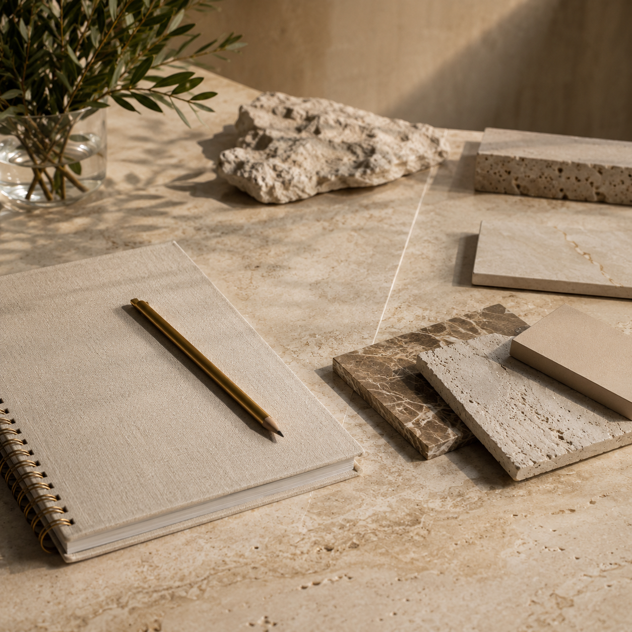 Design workspace with a notebook, pencil, and natural stone samples in warm sunlight, representing contact and project support at OIXDESIGN.