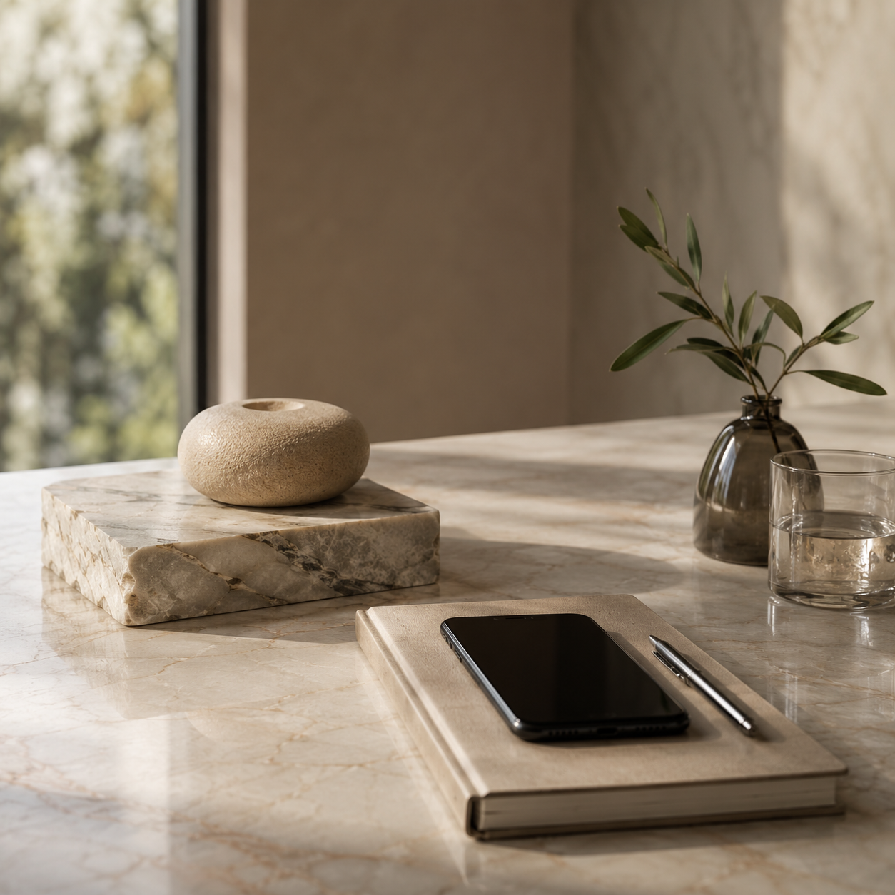 Minimal desk with sculptural details representing customer support and contact inquiries at OIXDESIGN.