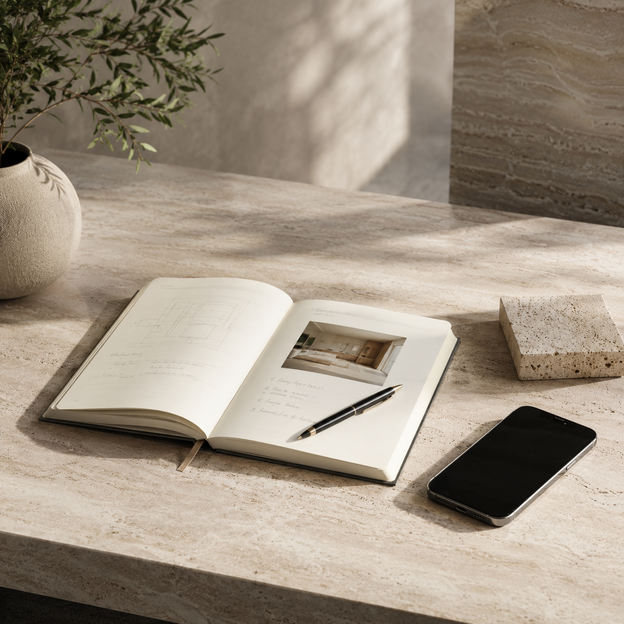 Open notebook, phone, and stone sample on a warm workspace for contacting OIXDESIGN support.