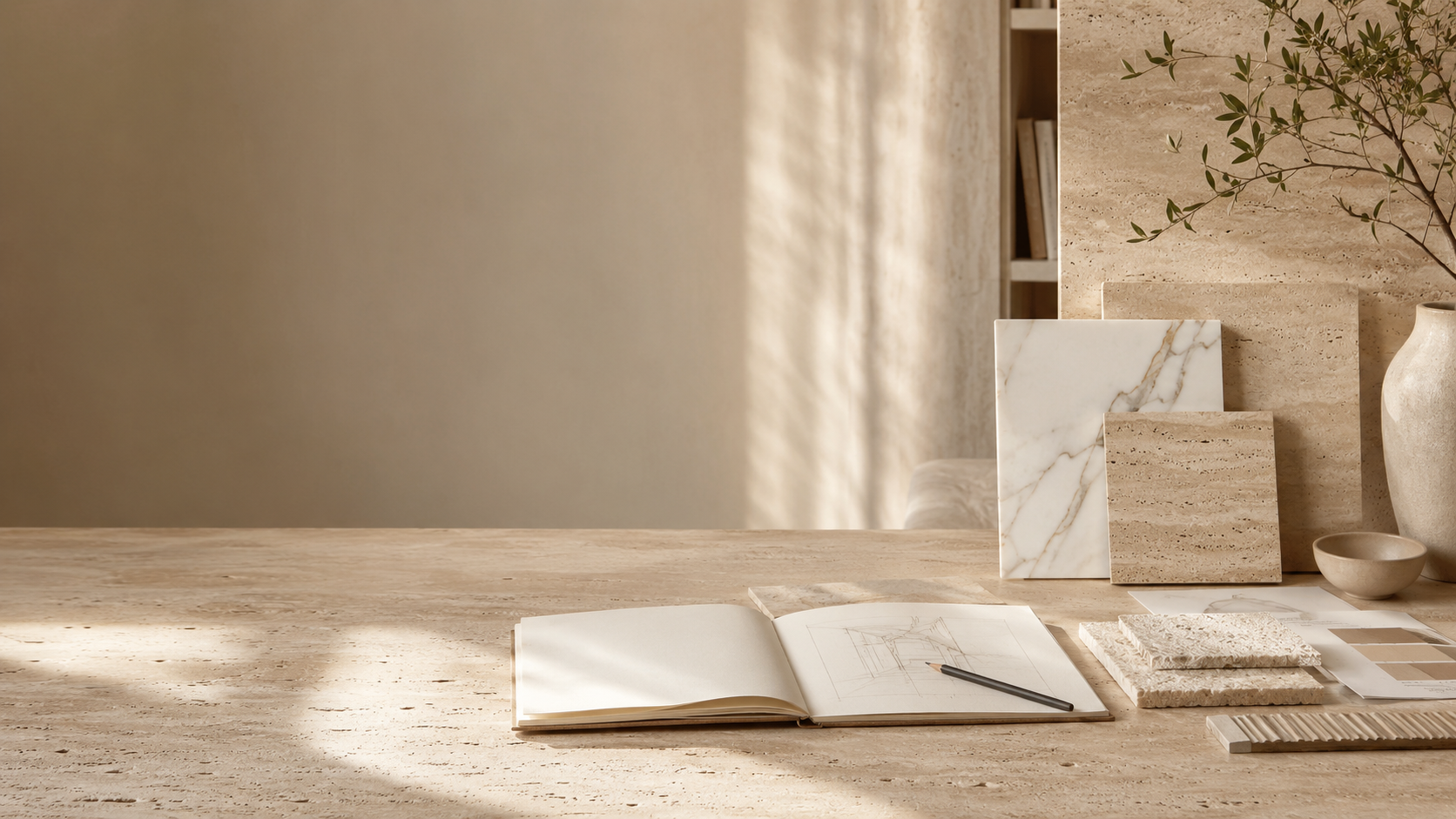 Warm design workspace with natural stone samples and refined interior styling for the OIXDESIGN contact page banner