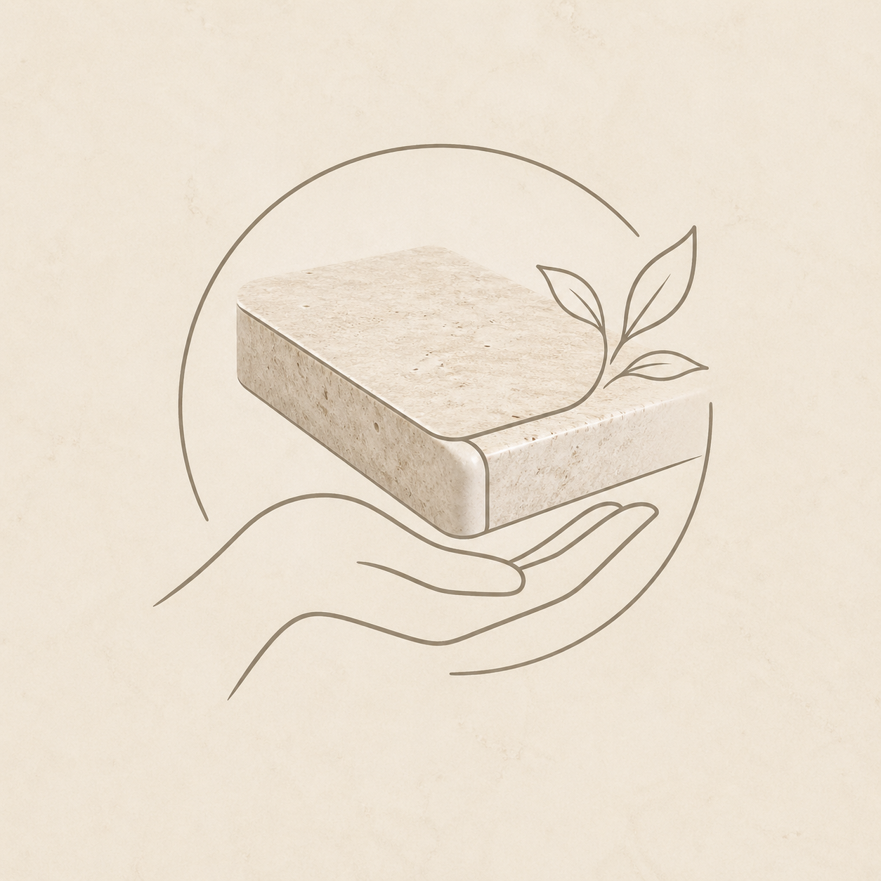 Minimal icon of a hand supporting a natural stone slab representing craftsmanship and material care at OIXDESIGN