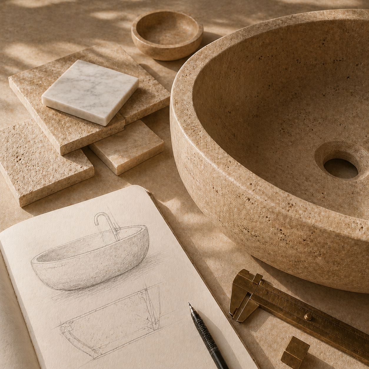 OIXDESIGN custom bath design studio with stone samples, sketches, and material selection details