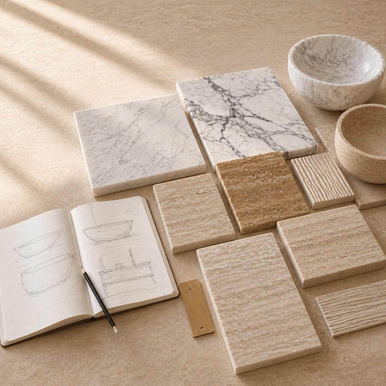 Travertine and marble stone samples arranged for custom bath material selection at OIXDESIGN