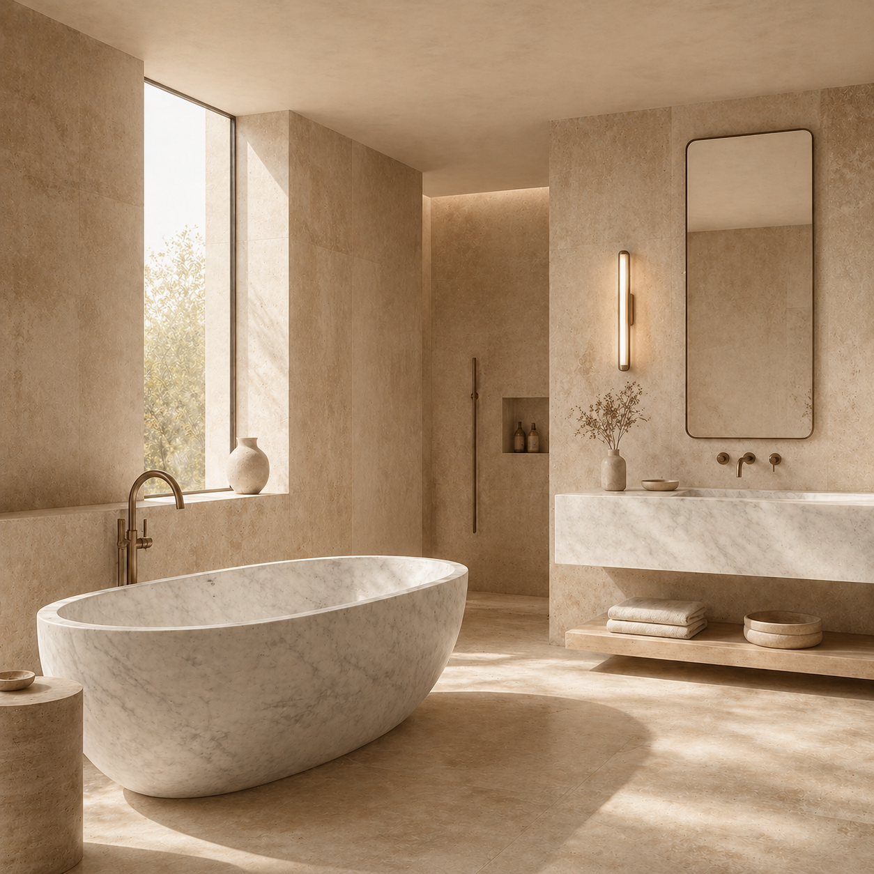 OIXDESIGN custom stone bathtub in a minimalist luxury bathroom with soft natural light