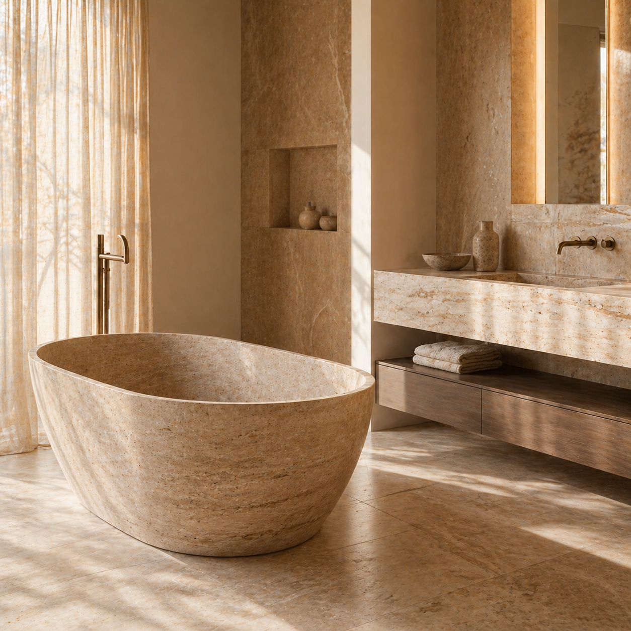 Custom travertine stone bathtub and matching vanity designed for a luxury residential or hospitality bathroom