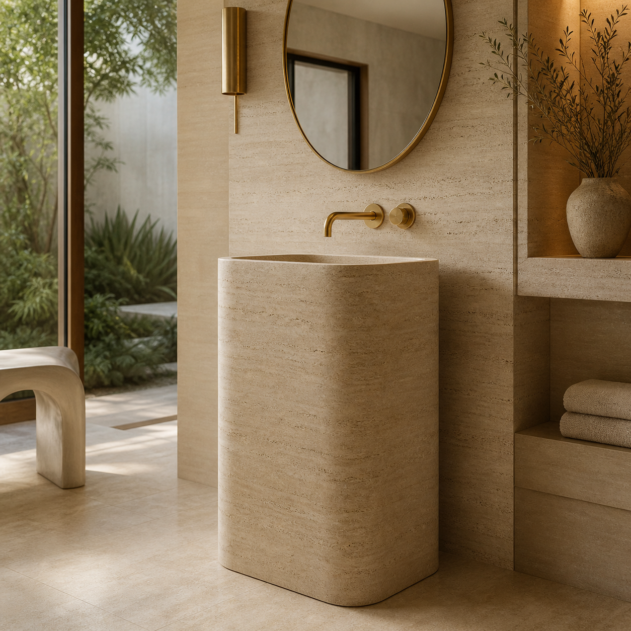 Custom bath project featuring a rectangular travertine pedestal sink with brass fixtures in a refined bathroom