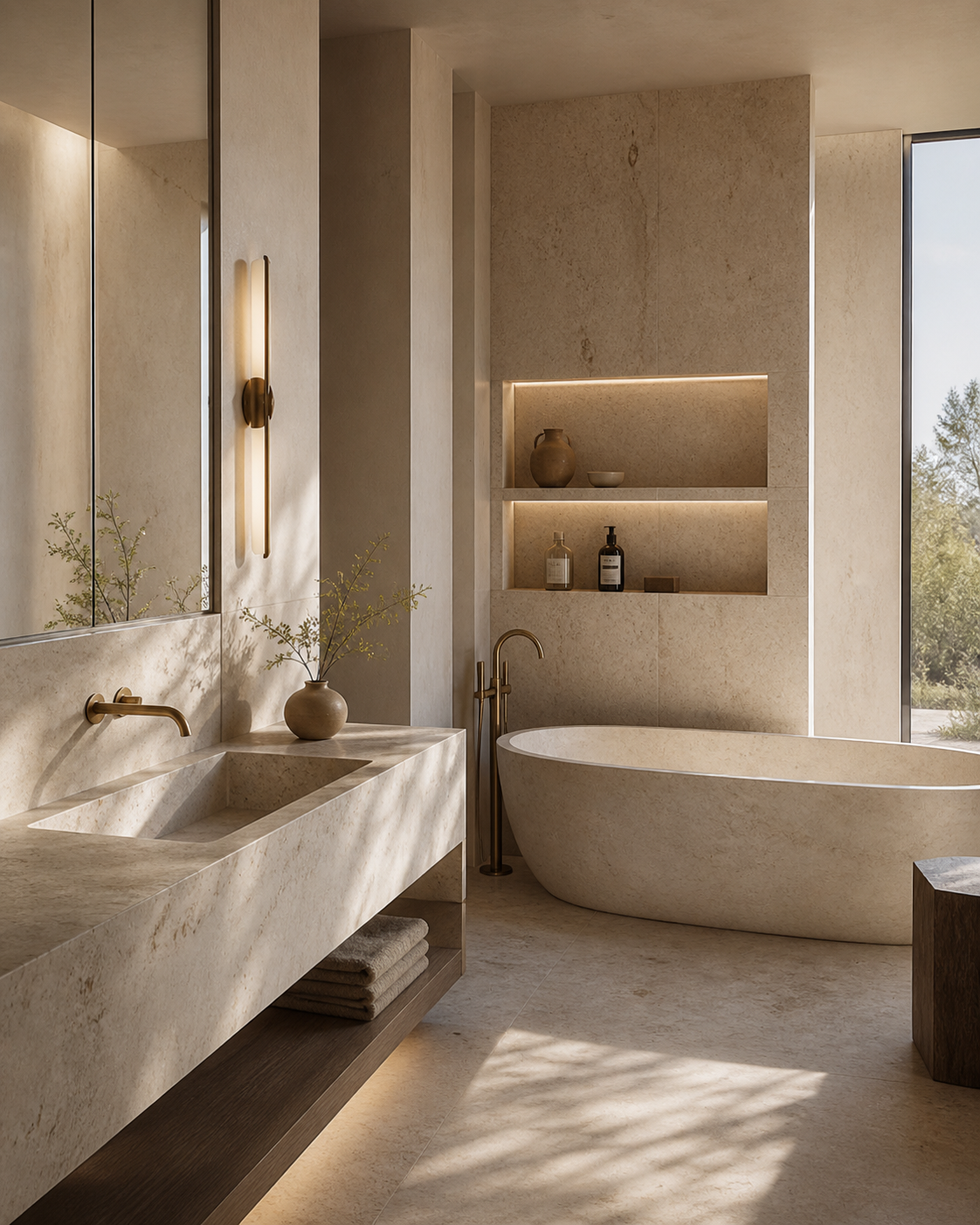 Custom bath project featuring an integrated stone vanity and freestanding natural stone bathtub