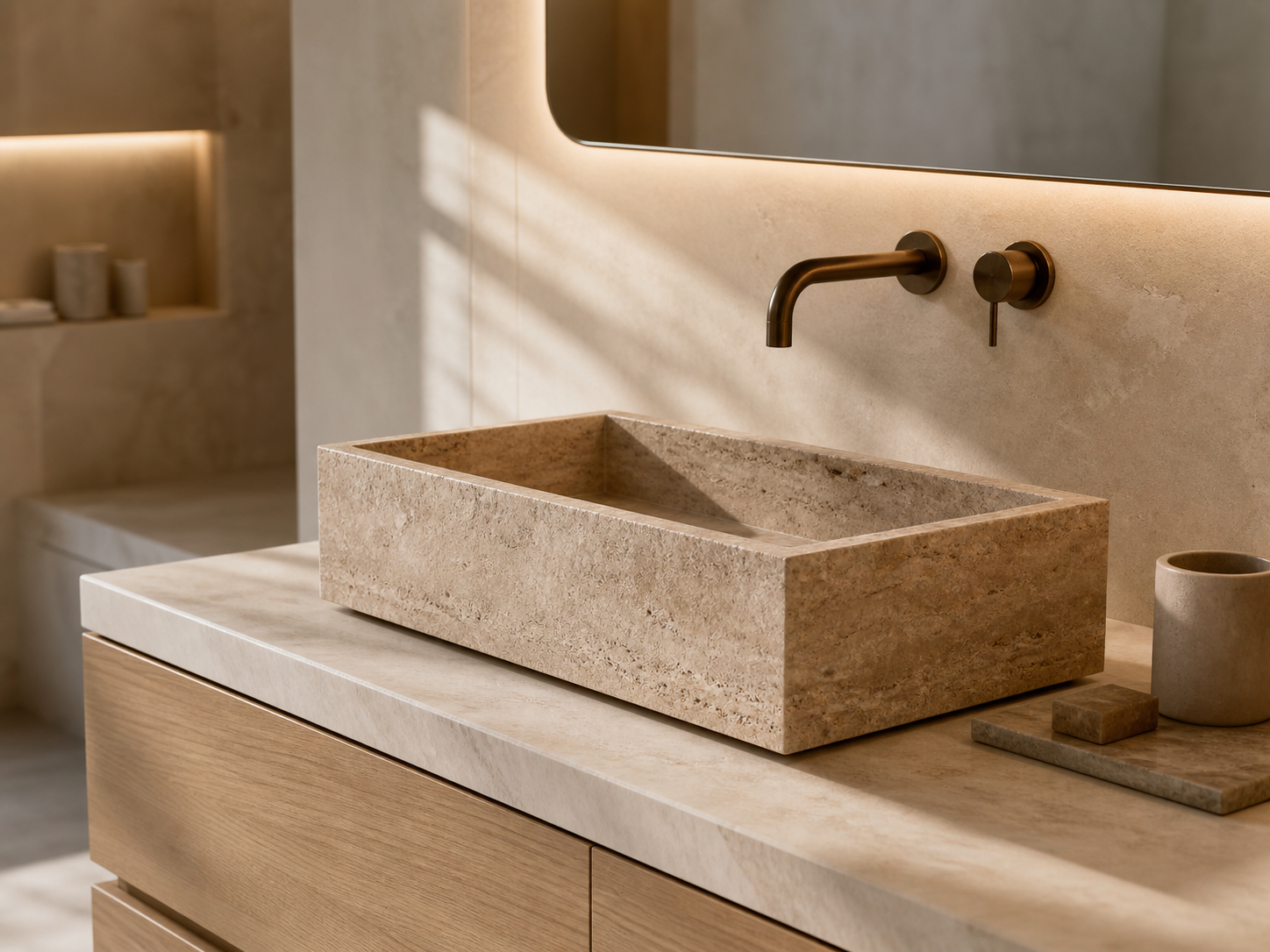Custom bath project with a natural stone vessel sink, stone vanity, and refined bathroom details