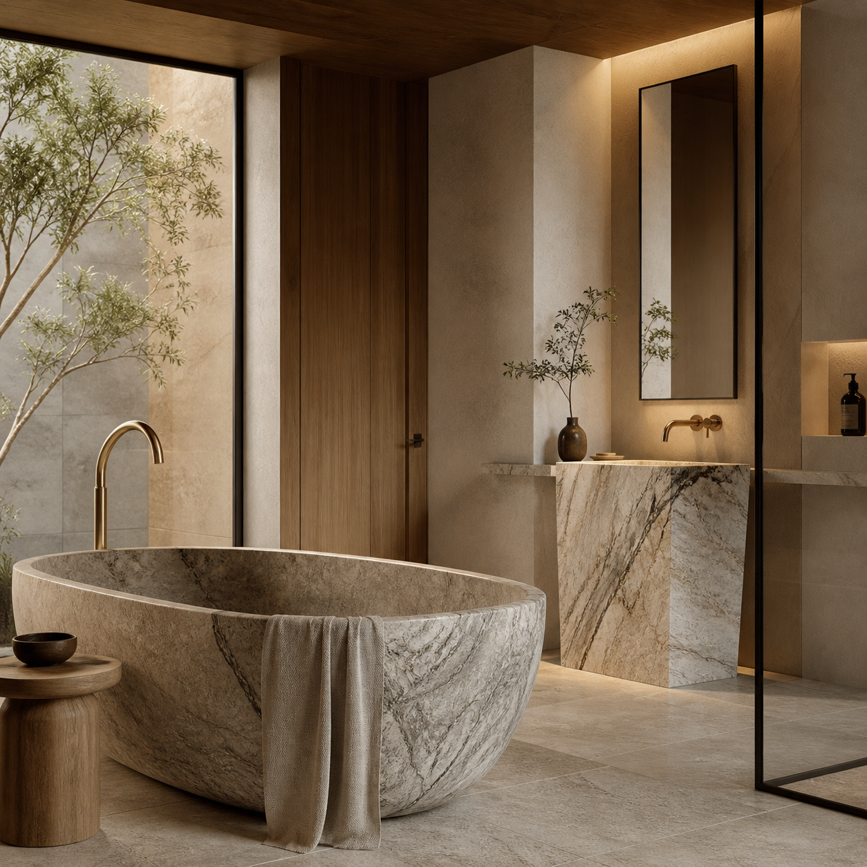 Modern natural stone bathroom designed for custom bath projects with a warm spa-inspired atmosphere